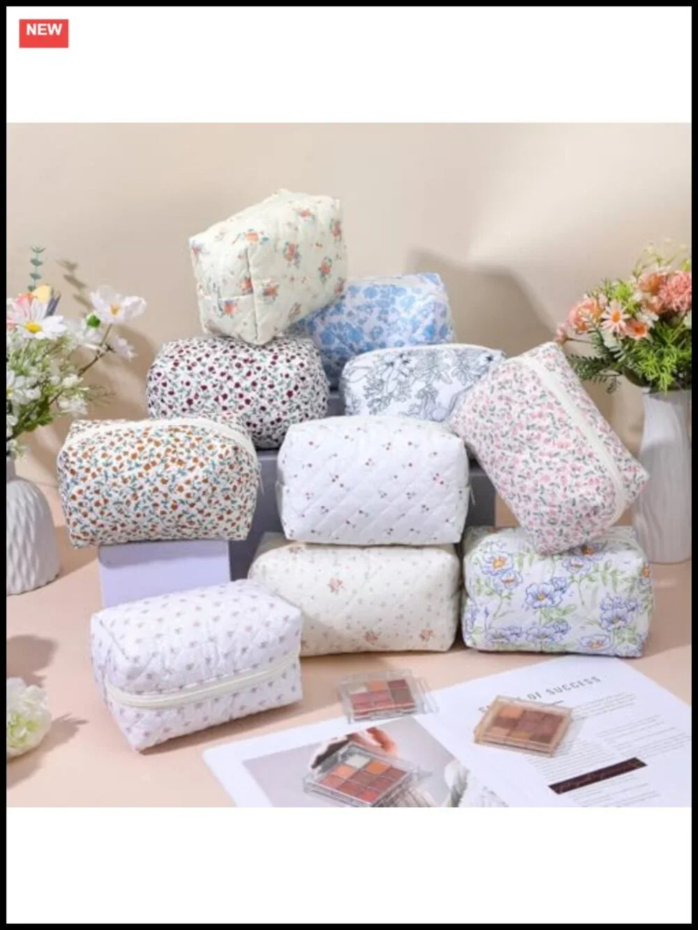 Floral Quilted Cosmetic Bag Set of 10, Cotton Travel Toiletry Organizer with